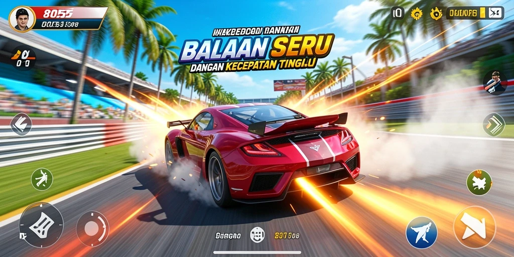 Screenshot gameplay balapan seru di 8055 yang menunjukkan mobil melaju kencang.