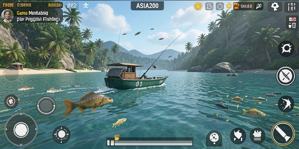 Screenshot gameplay ASIA200 menunjukkan aksi memancing yang seru dan penuh warna.