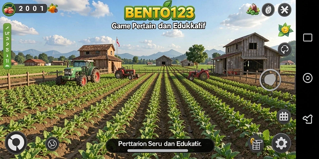 Screenshot BENTO123 menampilkan pemain saat mengelola ladang dengan tanaman hijau yang subur.