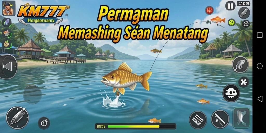 Screenshot gameplay KM777 menampilkan aksi memancing yang mendebarkan.