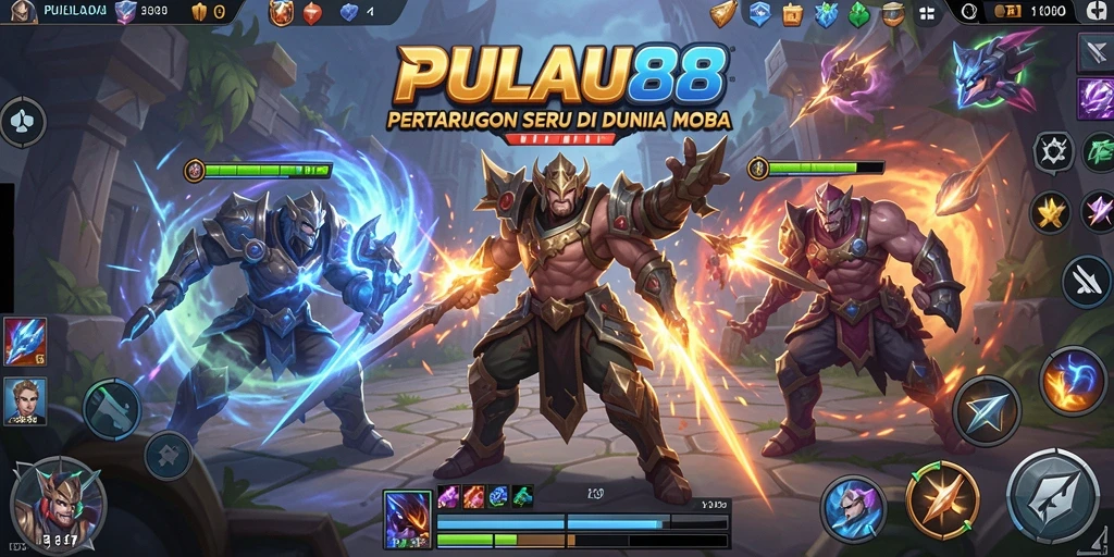 Screenshot PULAU88 menampilkan aksi bertarung karakter dalam pertandingan MOBA.
