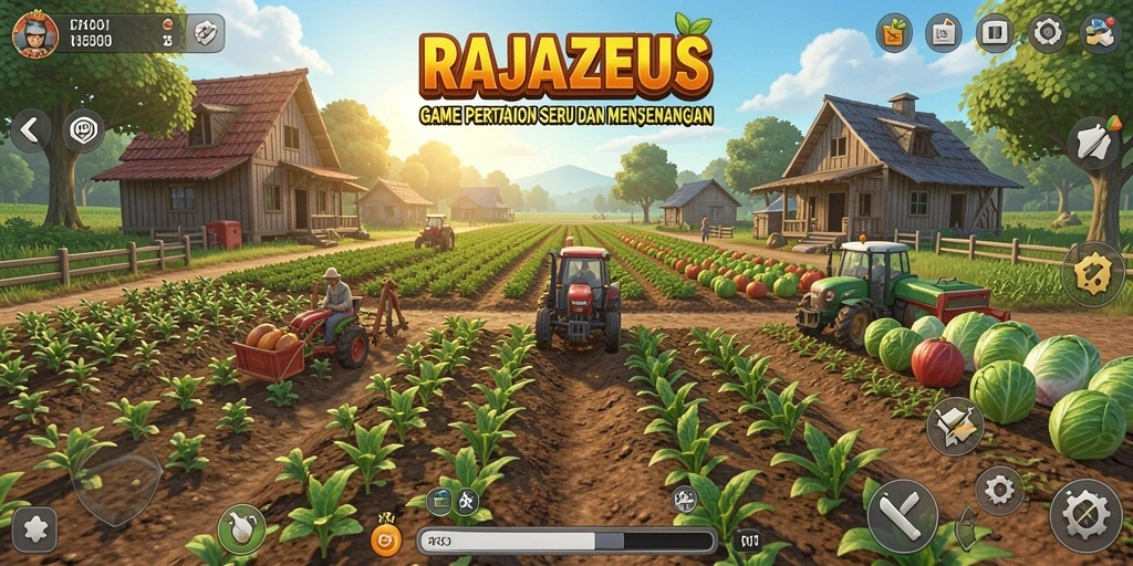 Gameplay seru RAJAZEUS dengan aktivitas pertanian yang menyenangkan.